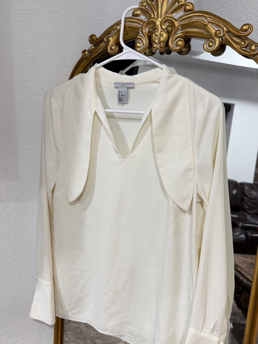 H&M Cream Long-Sleeve Blouse with V-Neck and Draped Collar
